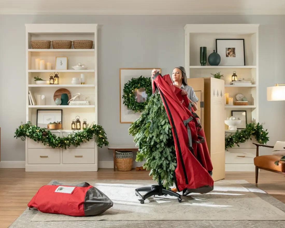 Demonstração de uma árvore Flip Tree sendo retirada da bolsa de armazenamento