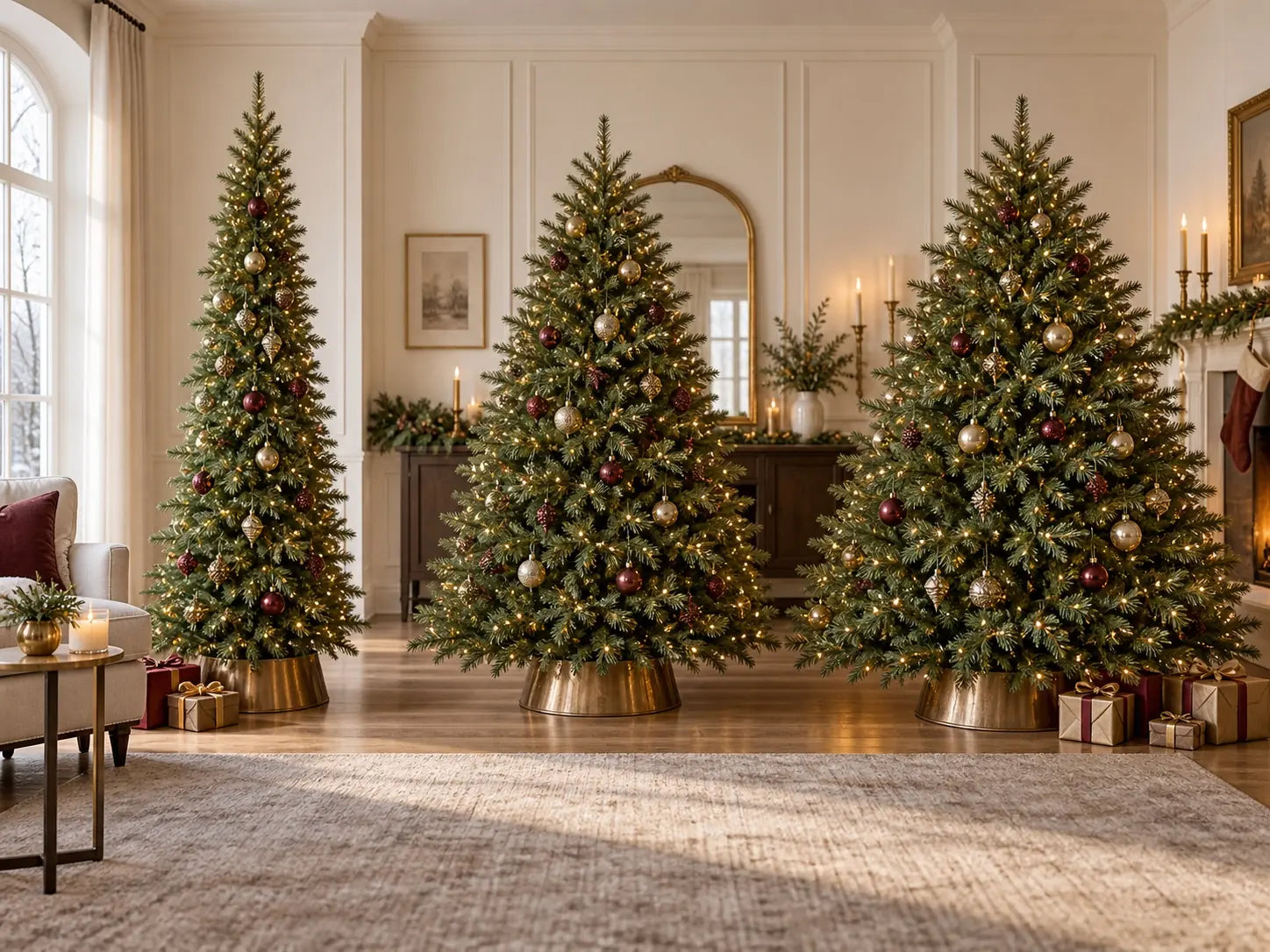 Inspiração de árvores de Natal com diferentes silhuetas em uma sala